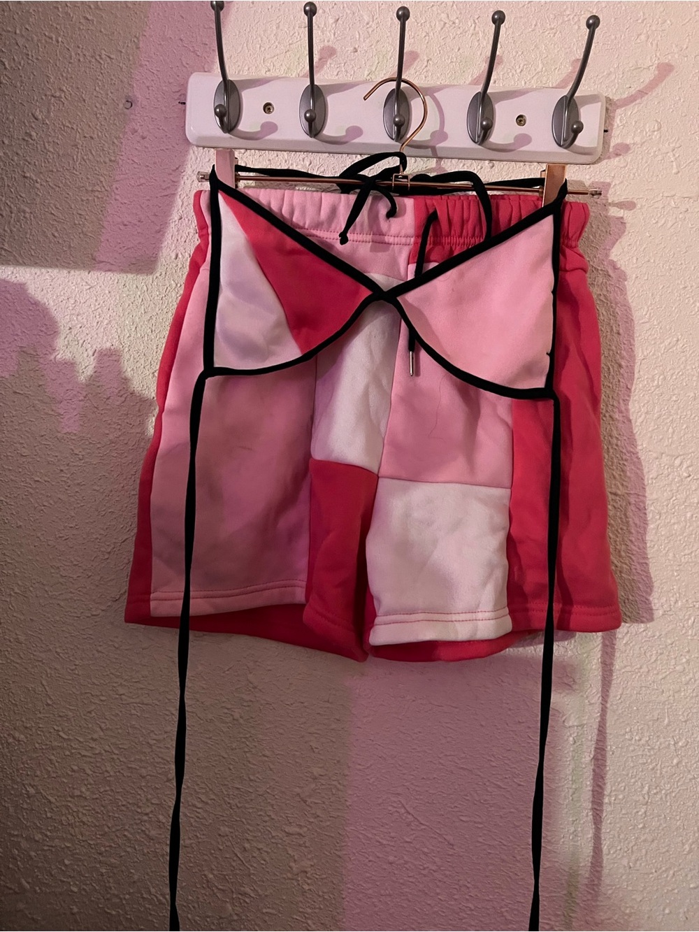 Colorblock Pink Patchwork Shorts with Tie Detail